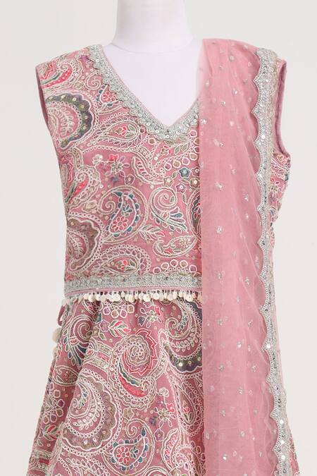 Minime Organics_Pink Georgette, Net Lace Light Embroidered Lehenga Set_Online_at_Aza_Fashions
