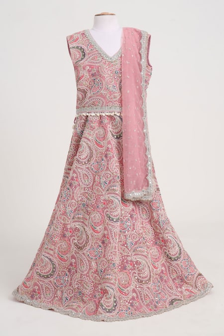 Minime Organics Pink Georgette, Net Lace Light Embroidered Lehenga Set 