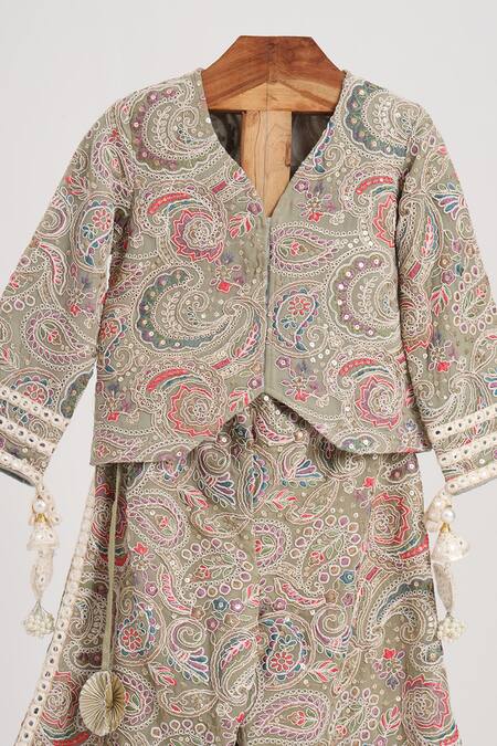 Minime Organics_Green Georgette, Cotton, Shantoon Lace Embroidered Crop Top And Palazzo Set _Online_at_Aza_Fashions