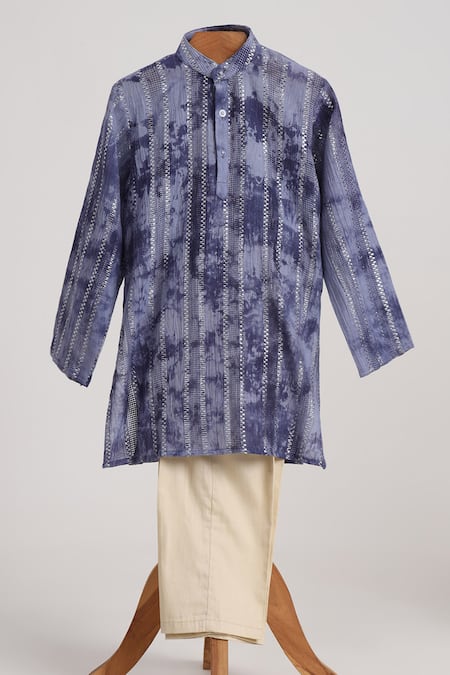 Minime Organics Blue Cotton Lurex Kurta And Pyjama Set 