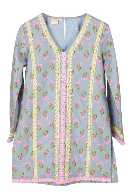 Buy_Minime Organics_Blue Cotton Lace Light Block Printed Kurta And Palazzo Set _Online_at_Aza_Fashions