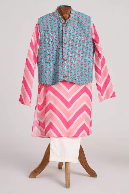 Minime Organics Pink Cotton And Blue Chevron Kurta Set 