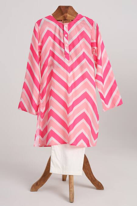 Minime Organics_Pink Cotton And Blue Chevron Kurta Set _Online_at_Aza_Fashions