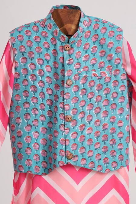 Buy_Minime Organics_Pink Cotton And Blue Chevron Kurta Set _Online_at_Aza_Fashions