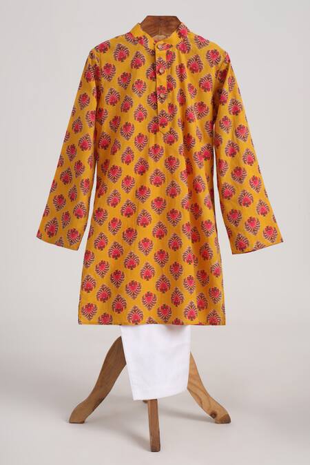 Minime Organics_Yellow Cotton Floral Print Kurta Set With Jacket _Online_at_Aza_Fashions