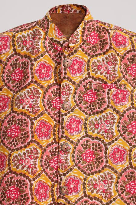 Buy_Minime Organics_Yellow Cotton Floral Print Kurta Set With Jacket _Online_at_Aza_Fashions