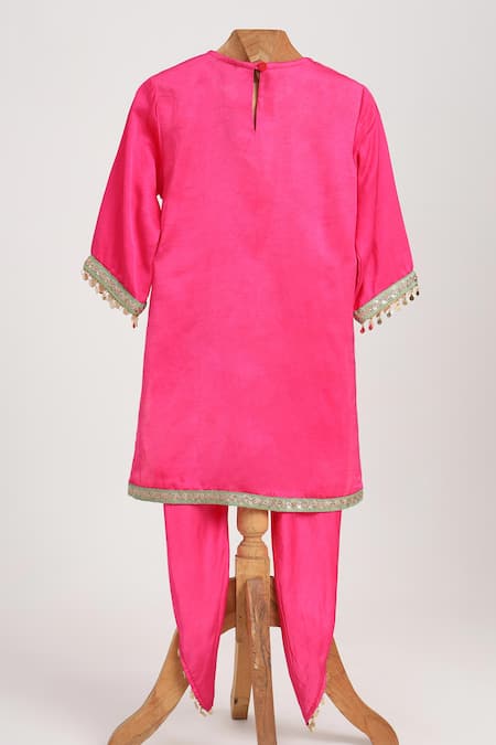Minime Organics Pink Embroidered Kurta & Dhoti Pant Set 