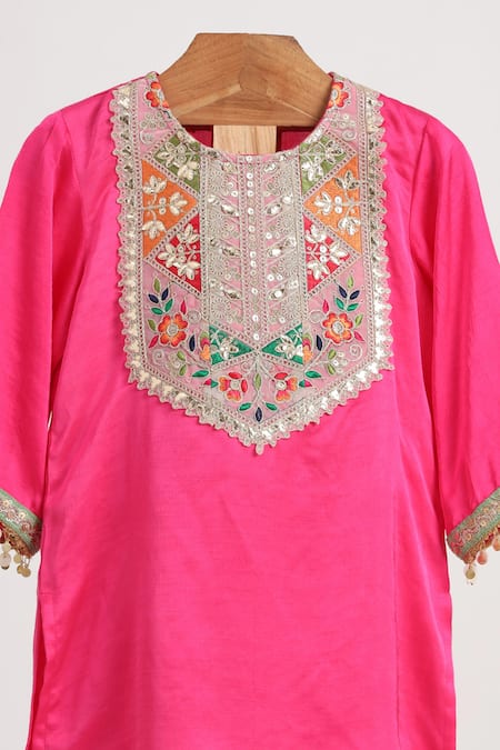 Minime Organics_Pink Silk Embroidery, Lace Kurta And Dhoti Pant Set _Online_at_Aza_Fashions