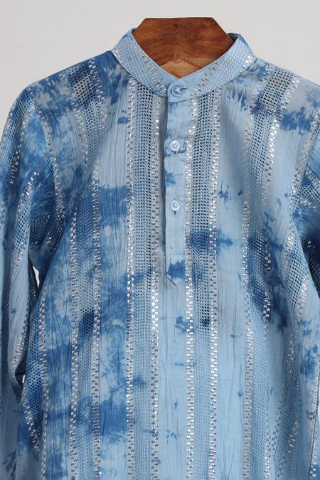 Minime Organics_Blue Cotton Lurex Kurta And Pyjama Set _Online_at_Aza_Fashions