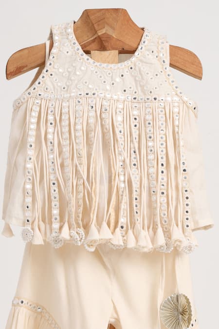 Buy_Minime Organics_Cream Cotton Faux Diamonds, Tassels Mirror Embroidered Sharara Set _Online_at_Aza_Fashions