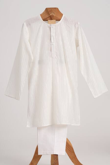 Minime Organics_Off White Cotton Silver Lurex Kurta Set With Floral Jacket _Online_at_Aza_Fashions
