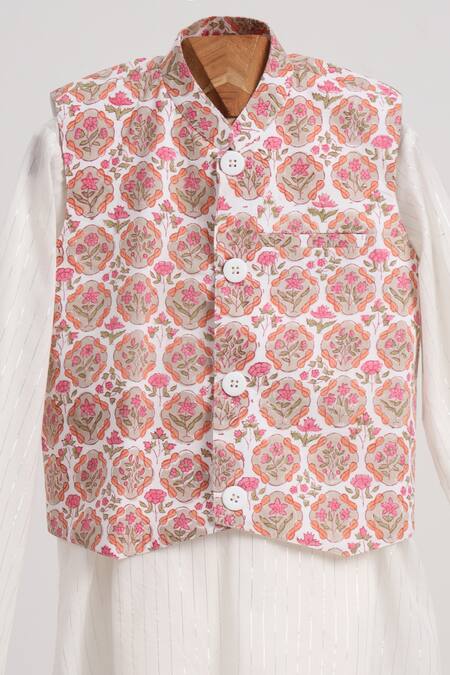 Buy_Minime Organics_Off White Cotton Silver Lurex Kurta Set With Floral Jacket _Online_at_Aza_Fashions