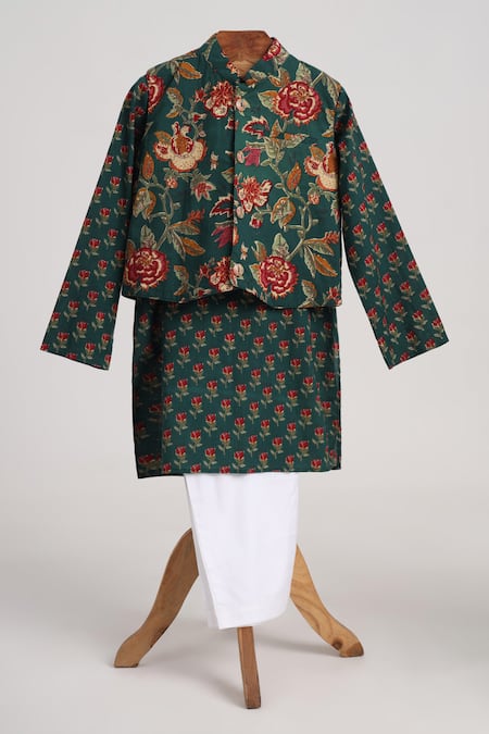 Minime Organics Green Cotton Bottle Block Printed Kurta Set 