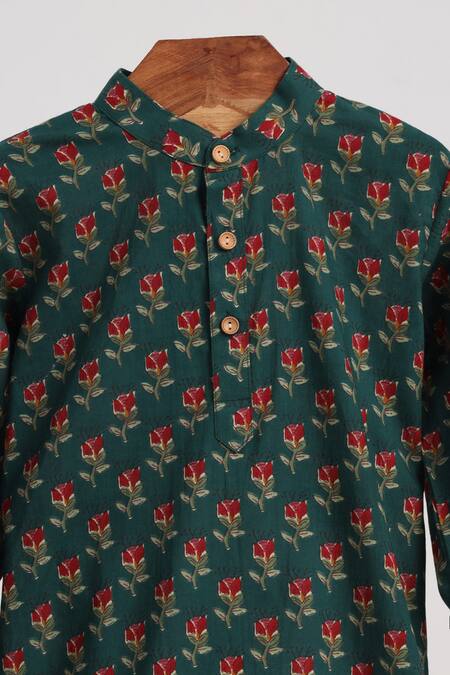 Minime Organics_Green Cotton Bottle Block Printed Kurta Set _Online_at_Aza_Fashions