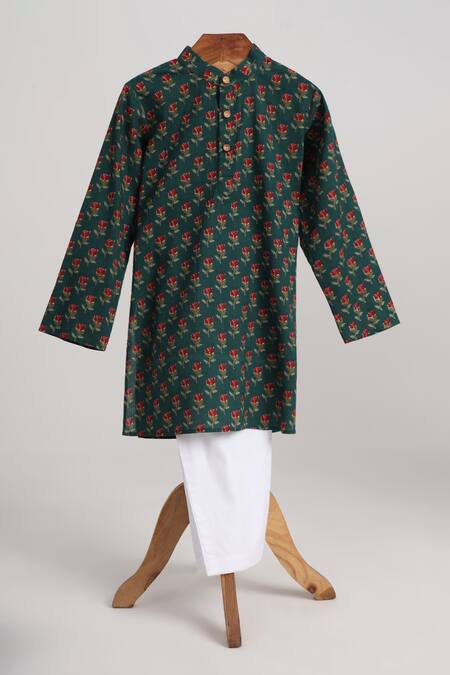 Buy_Minime Organics_Green Cotton Bottle Block Printed Kurta Set _Online_at_Aza_Fashions