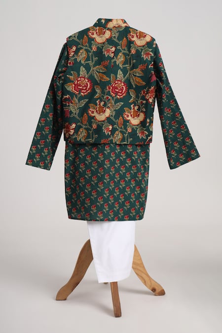 Minime Organics Bottle Green Block Printed Kurta Set 