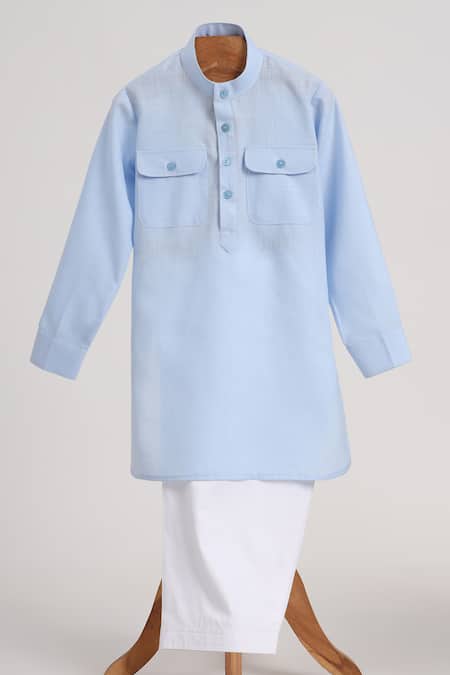 Minime Organics Blue Cotton Light Pathani Kurta Set 