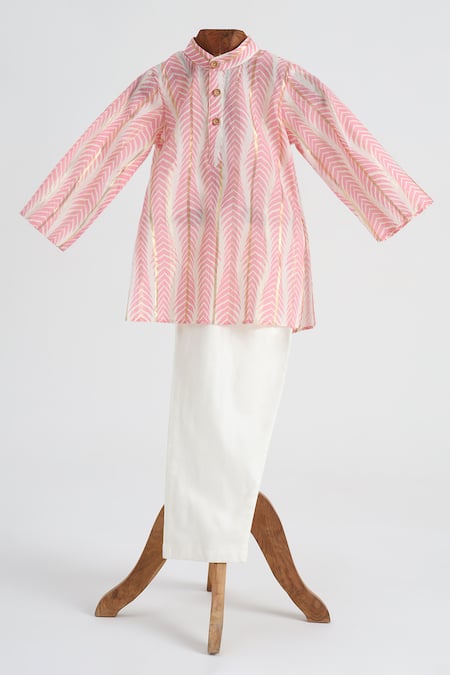 Minime Organics Pink Cotton Patterned Kurta And Pyjama Set 