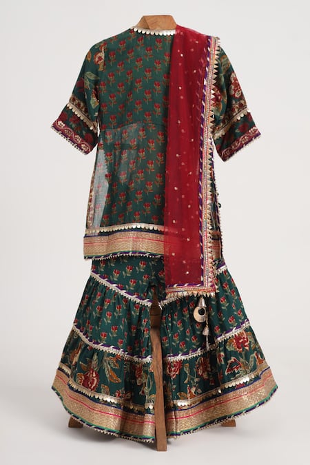 Minime Organics Bottle Green Block Printed Kurta Sharara Set 