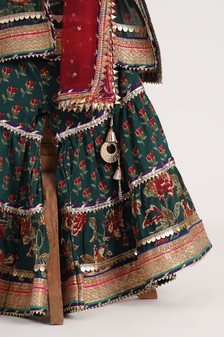 Minime Organics_Green Cotton Gota Patti Bottle Block Printed Kurta Sharara Set _Online_at_Aza_Fashions