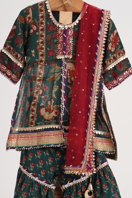 Buy_Minime Organics_Green Cotton Gota Patti Bottle Block Printed Kurta Sharara Set _Online_at_Aza_Fashions