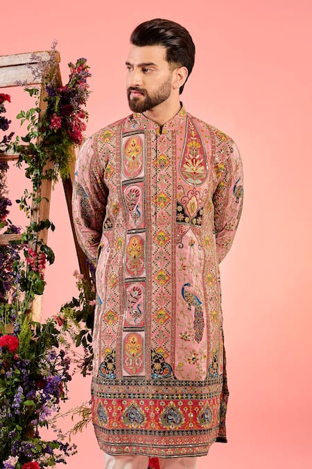 Kasbah_Pink Chanderi Zari, Embroidery Chikankari Kurta_Online_at_Aza_Fashions