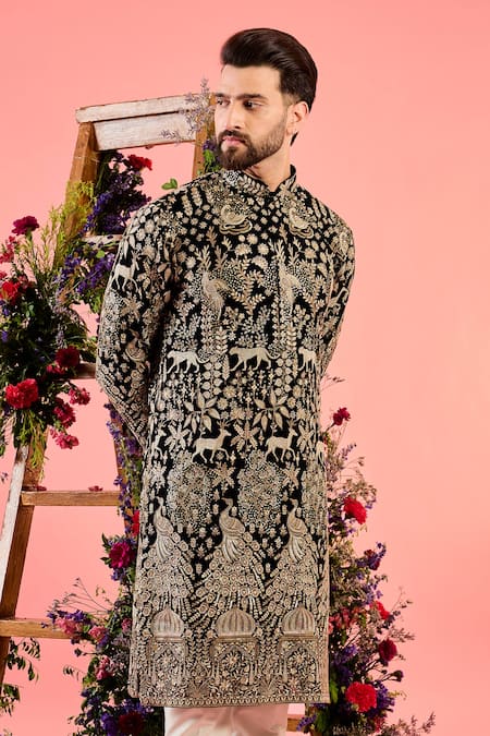 Kasbah_Black Georgette Sequins, Embroidery Midnight Kurta _Online_at_Aza_Fashions