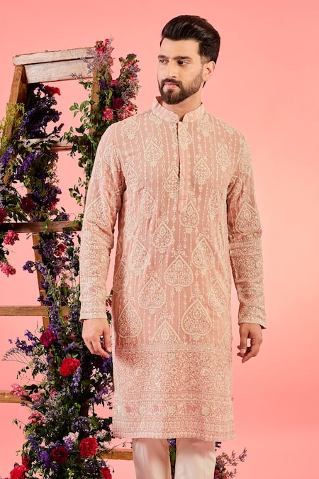 Buy_Kasbah_Pink Georgette Embroidery Chikankari Kurta _Online_at_Aza_Fashions