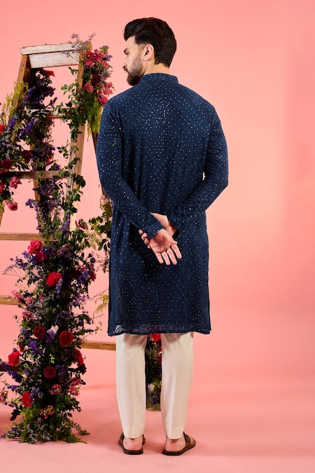 Shop_Kasbah_Navy Georgette Embroidery Blue Chikankari Kurta _at_Aza_Fashions