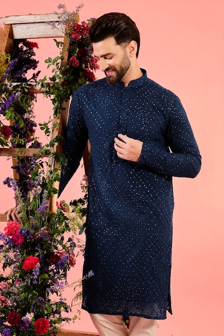 Kasbah_Navy Georgette Embroidery Blue Chikankari Kurta _Online_at_Aza_Fashions