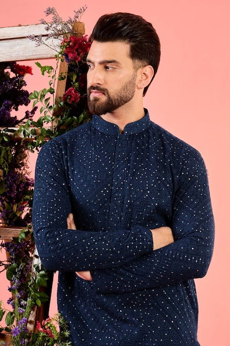 Buy_Kasbah_Navy Georgette Embroidery Blue Chikankari Kurta _Online_at_Aza_Fashions