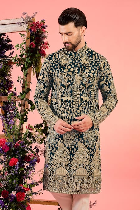 Buy_Kasbah_Green Georgette Embroidery Midnight Teal Sequin Kurta _Online_at_Aza_Fashions