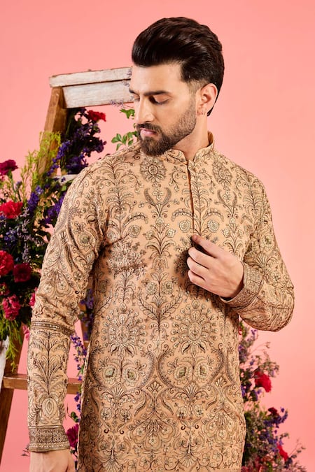 Buy_Kasbah_Peach Georgette Embroidery Chinkari Kurta _Online_at_Aza_Fashions