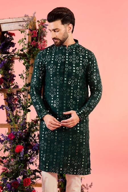 Kasbah_Green Silk Mirrors, Sequins Work Bottle Kurta _Online_at_Aza_Fashions
