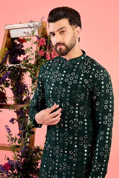 Buy_Kasbah_Green Silk Mirrors, Sequins Work Bottle Kurta _Online_at_Aza_Fashions