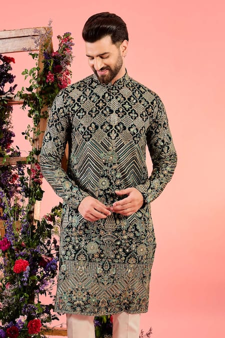 Kasbah_Green Georgette Embroidery, Sequins Midnight Teal Kurta _Online_at_Aza_Fashions