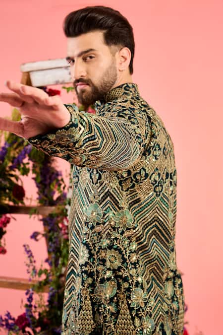 Buy_Kasbah_Green Georgette Embroidery, Sequins Midnight Teal Kurta _Online_at_Aza_Fashions