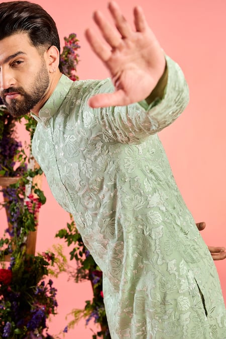 Kasbah_Green Georgette Embroidery Floral Chikankari Sea Kurta _Online_at_Aza_Fashions
