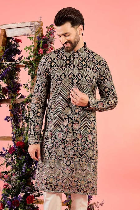 Kasbah_Multi Color Georgette Embroidery, Sequins Midnight Black Kurta _Online_at_Aza_Fashions