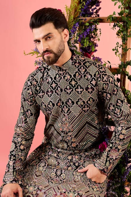Buy_Kasbah_Multi Color Georgette Embroidery, Sequins Midnight Black Kurta _Online_at_Aza_Fashions