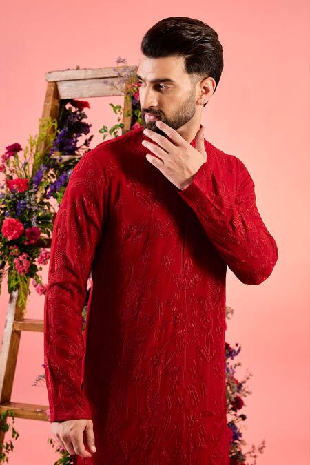 Kasbah_Red Georgette Embroidery Chikankari Kurta _Online_at_Aza_Fashions
