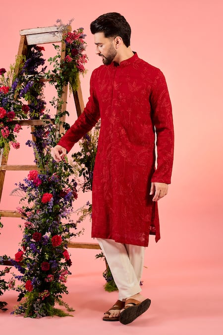 Kasbah Red Georgette Embroidery Chikankari Kurta 