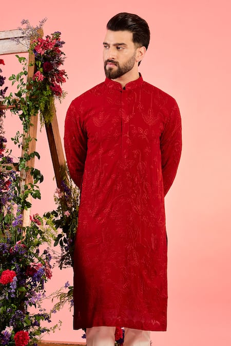 Buy_Kasbah_Red Georgette Embroidery Chikankari Kurta _Online_at_Aza_Fashions