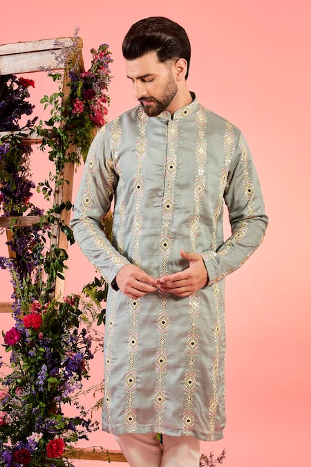 Kasbah_Gray Silk Mirrors, Embroidery Grey Work Kurta _Online_at_Aza_Fashions