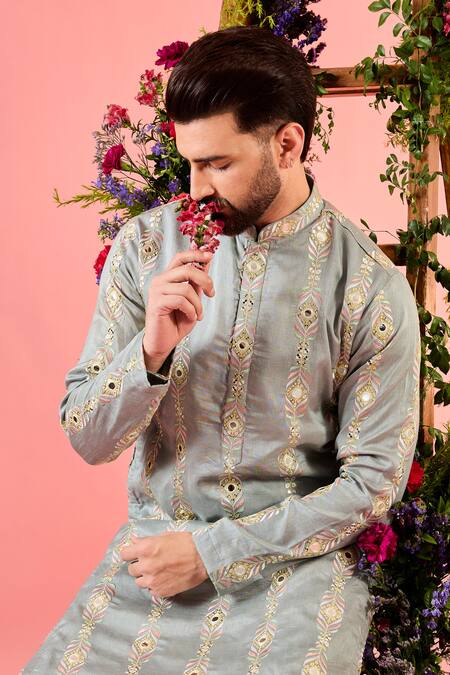 Buy_Kasbah_Gray Silk Mirrors, Embroidery Grey Work Kurta _Online_at_Aza_Fashions