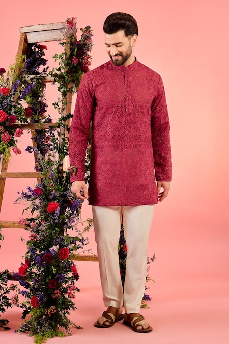 Kasbah Red Organza Embroidery Sheer Chikankari Kurta 