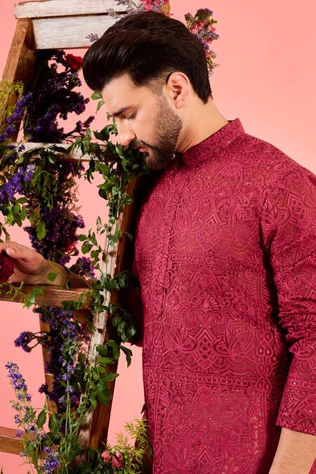 Buy_Kasbah_Red Organza Embroidery Sheer Chikankari Kurta _Online_at_Aza_Fashions