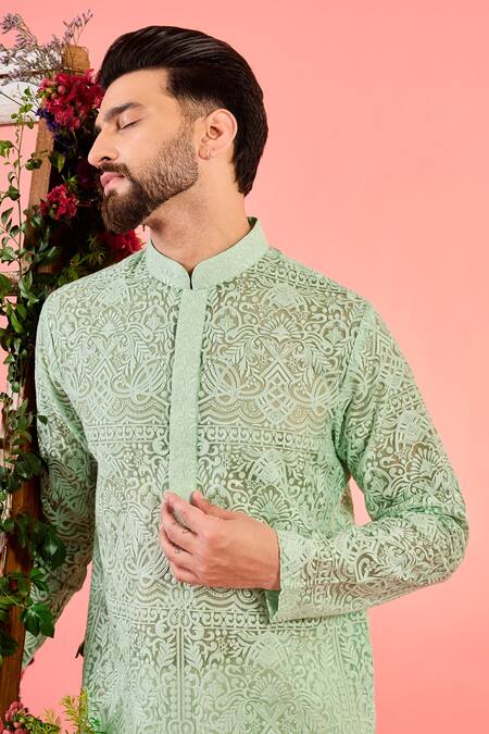 Kasbah_Green Organza Embroidery Short Sea Kurta _Online_at_Aza_Fashions