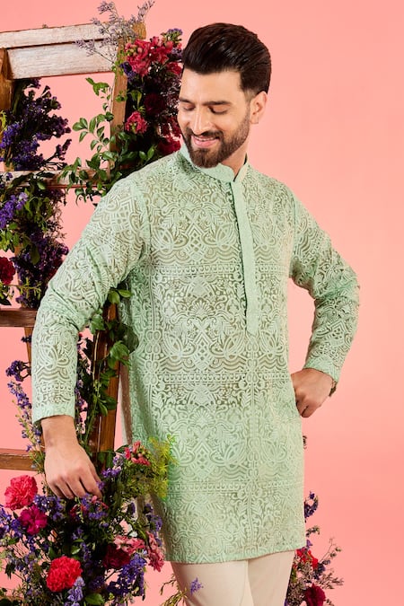 Buy_Kasbah_Green Organza Embroidery Short Sea Kurta _Online_at_Aza_Fashions
