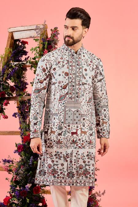 Kasbah_White Silk Embroidery Chikankari Kurta _Online_at_Aza_Fashions
